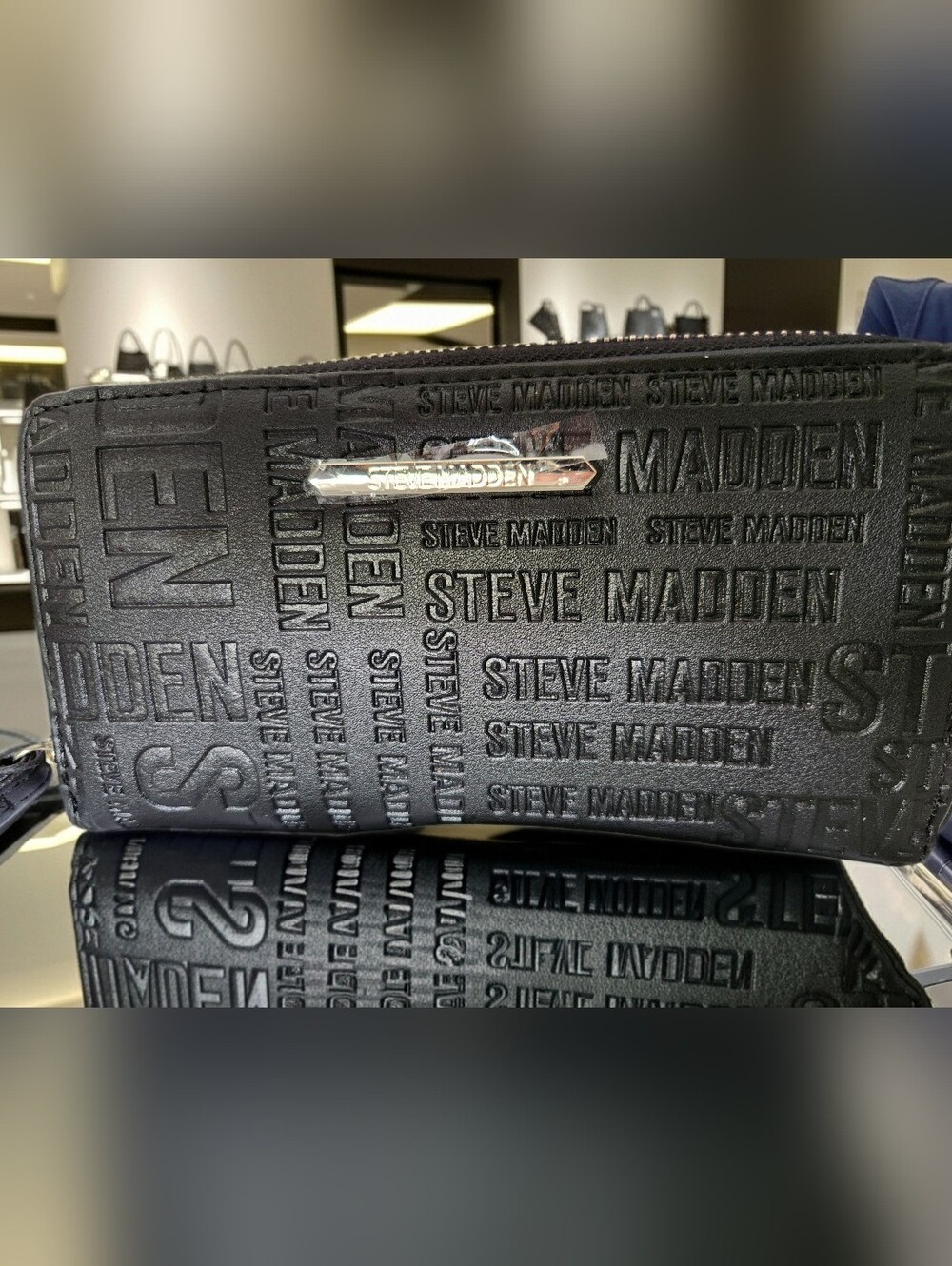 Steve Madden Black Embossed Logo Wallet with Silver Plate